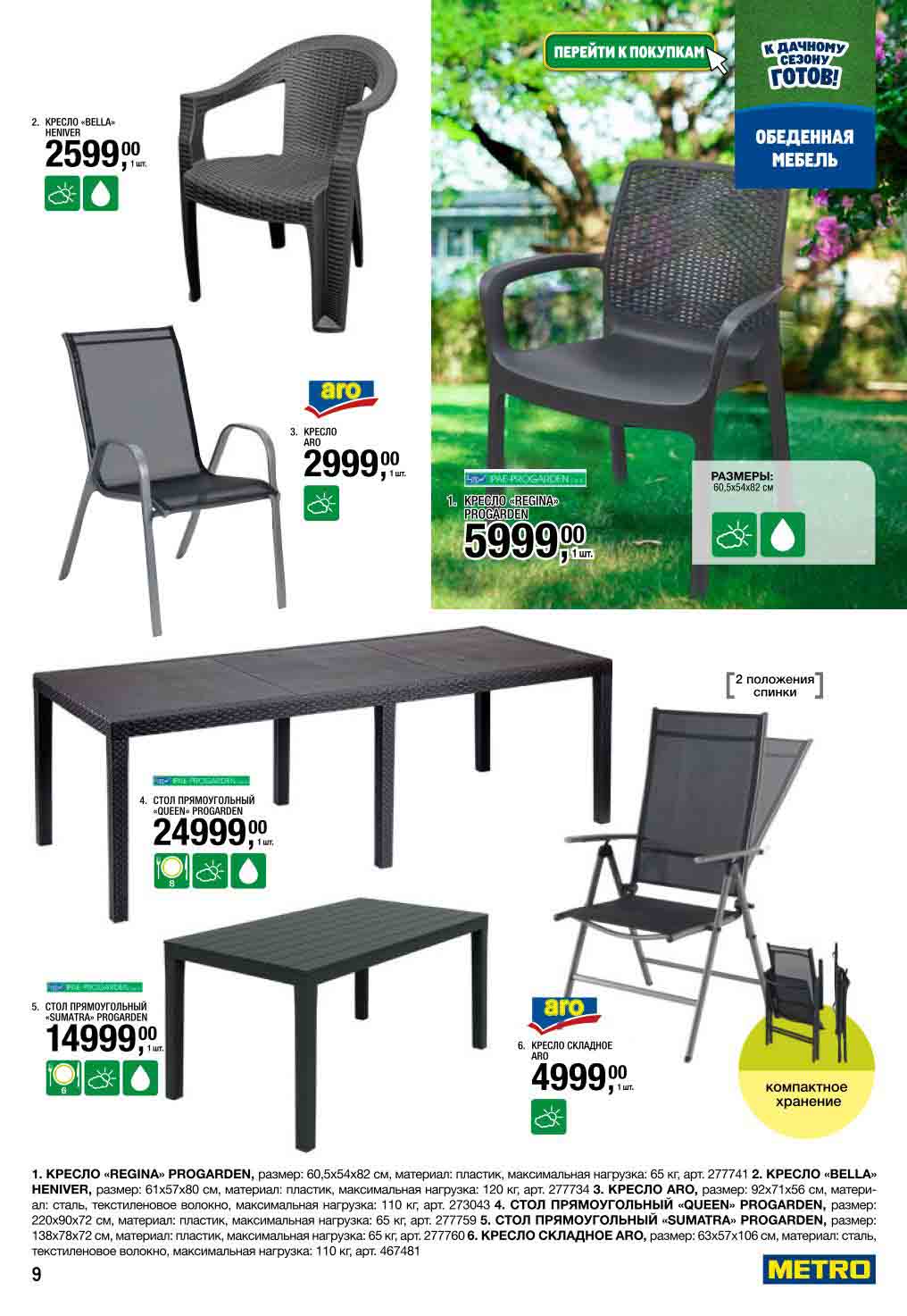 Складные кресла от 5 999₽, столы "Queen" 7 999₽ | Дачная мебель METRO. Регулируемые спинки, компактное хранение. Легкий уход, нагрузка до 120 кг.